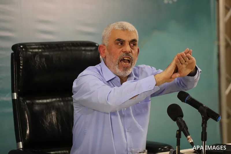 Yahya Sinwar, leader of the Palestinian Hamas movement's political speaks to media in Gaza City, on May 26, 2021. Hamas vowed today not to touch "a single cent" of international aid to rebuild Gaza following its war with...