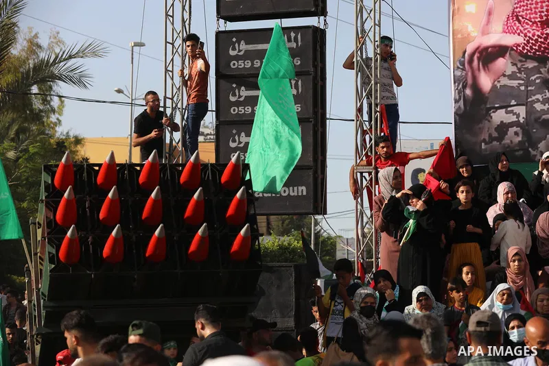 Palestinian Hamas supporters attend an anti-Israel rally in Beit Lahia in the northern Gaza Strip, May 30, 2021. Photo by Ashraf Amra
