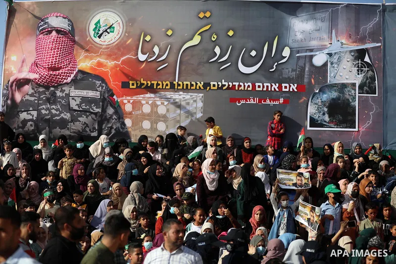 Palestinian Hamas supporters attend an anti-Israel rally in Beit Lahia in the northern Gaza Strip, May 30, 2021. Photo by Ashraf Amra