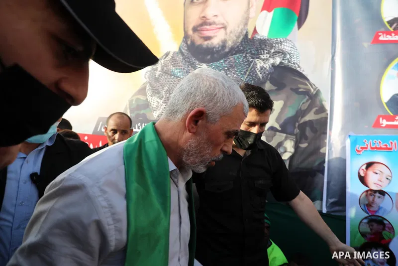 Yahya Sinwar, leader of the Palestinian Hamas movement's political wing, greets supporters in an anti-Israel rally in Beit Lahia in the northern Gaza Strip, May 30, 2021. Photo by Ashraf Amra