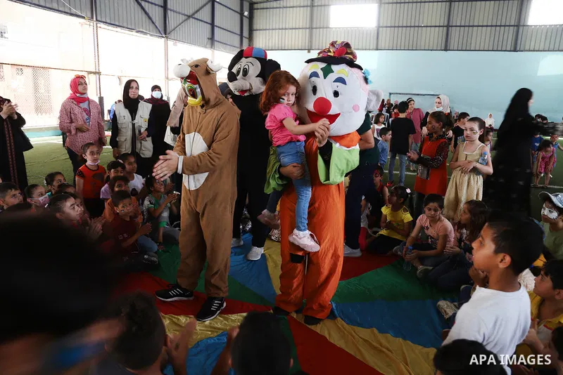A Palestinian girl, Maria Abu Hatab, 5, attends the children's psychological support event at al-shate' camp Club, in Gaza city, on May 31, 2021. Maria suffering from She is in shock after her mother, brothers and sister...