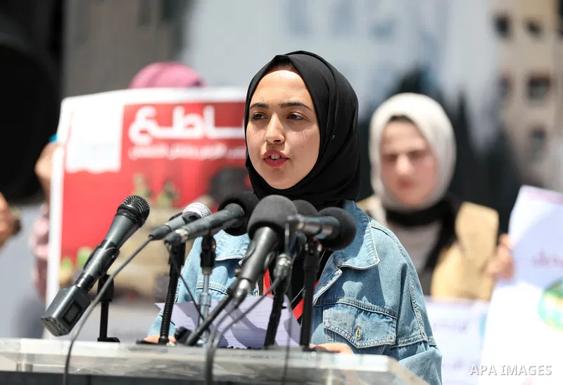 Palestinian members of boycott movement BDS hold a press conference during National Economy Week in Gaza city on June 10, 2021. Photo by Stringer