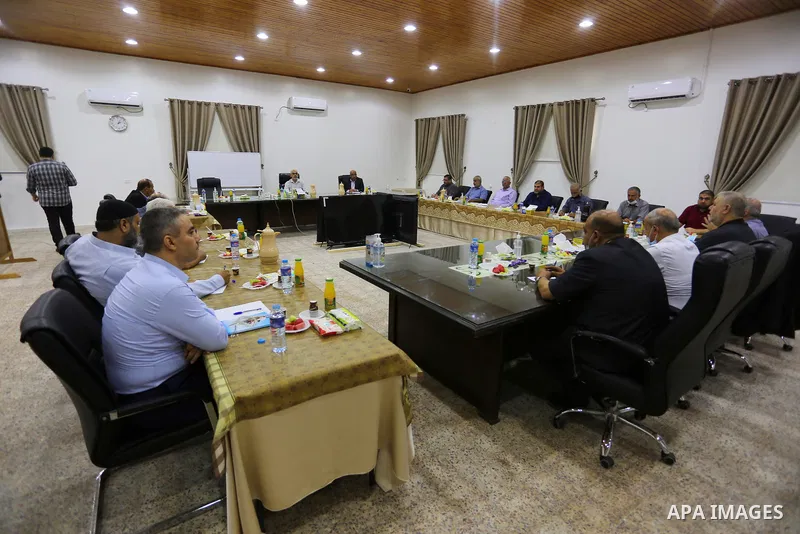 Palestinian faction leaders take part in a meeting in Gaza city on June 21, 2021. The meeting comes as Hamas leaders and the Palestinian factions in Gaza are making contacts with international and Arab parties with the a...