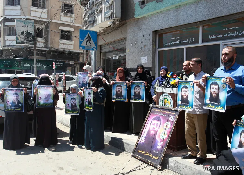 Palestinian supporters of Islamic Jihad movement take part in a protest to show solidarity with prisoners on hunger strike, in Israeli Jails in Gaza city, on June 23, 2021. Three Palestinian prisoners in Israeli detentio...