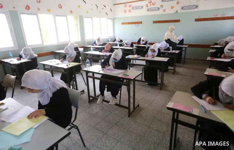 Palestinian students sit for their final high school exams, known as "Tawjihi" in Gaza city on June 24, 2021, amid concerns about the spread of the novel coronavirus pandemic. More than 84598 students in the West Bank an...