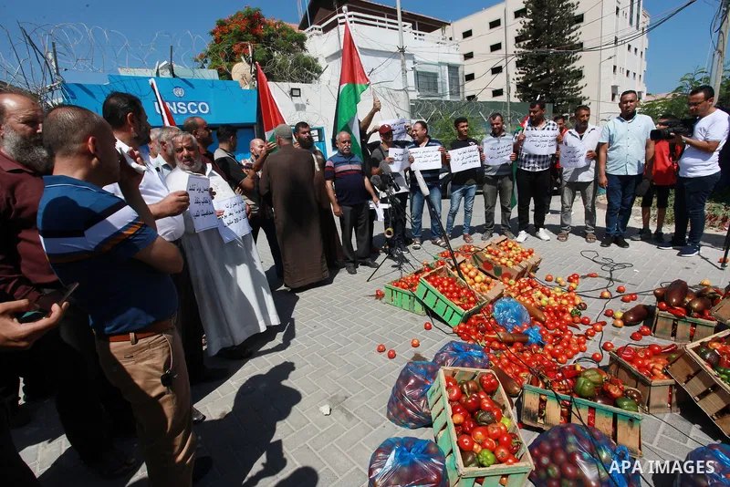 Palestinian farmers and traders take part in a protest against Israeli authorities a new restriction on them in front of the headquarter United Nation "UNSCO", in Gaza city, on June 28, 2021. Israeli authorities have pla...