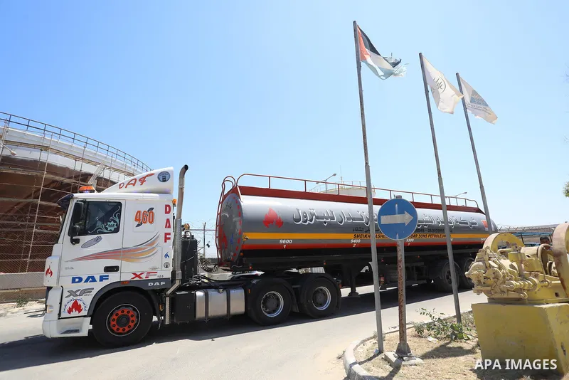 A fuel tanker arrives at the Gaza power plant, in the central Gaza Strip June 28, 2021. Israel allowed fuel tankers funded by Qatar to enter the Gaza Strip via the Kerem Shalom crossing, Monday, June 28. This is the firs...