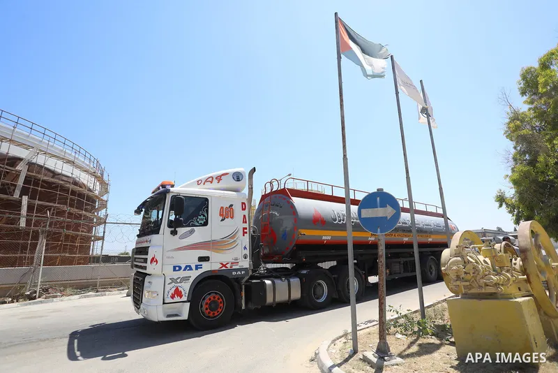 A fuel tanker arrives at the Gaza power plant, in the central Gaza Strip June 28, 2021. Israel allowed fuel tankers funded by Qatar to enter the Gaza Strip via the Kerem Shalom crossing, Monday, June 28. This is the firs...