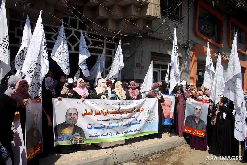 Palestinian supporters of Al-Ahrar movement take part in a protest over the death of human rights activist Nizar Banat, in Gaza city June 29, 2021. Photo by Marihan Al-Khalidi