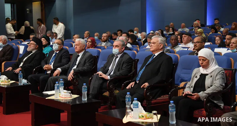 Palestinian Prime Minister Mohammed Ishtayeh, attends the first scientific conference "The Zionist Novel Between Refutation and Deconstruction", in the West Bank city of Ramallah on June 29, 2021 Photo by Prime Minister...