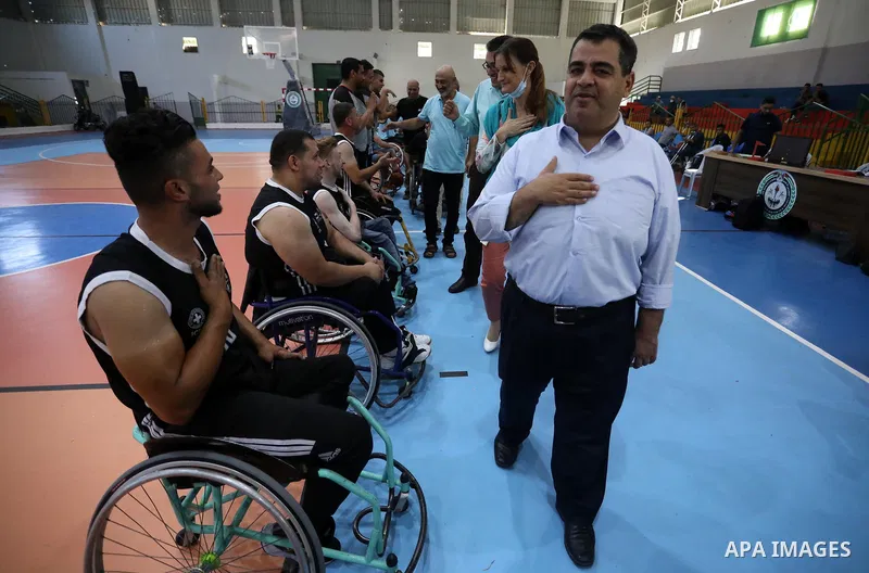 Disabled Palestinian men on wheelchairs participate in Super Wheelchair Basketball League in Gaza city, on June 29, 2021. The Super League wheelchair basketball matches are back after a year and a half break due to the C...