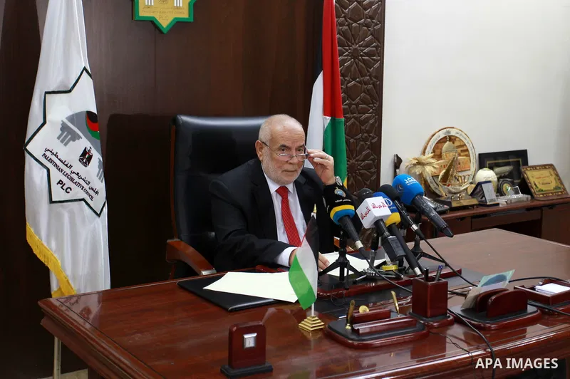 Deputy of the Legislative Council, Ahmed Bahar speaks during a press conference on the International Day of Parliamentarism, in Gaza city, on June 30, 2021. The International Day of Parliamentarism is celebrated every ye...