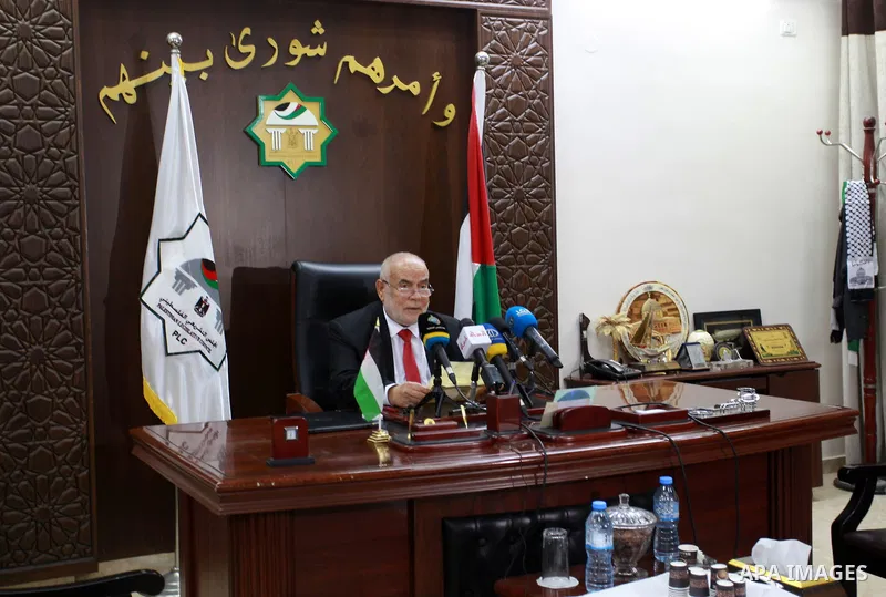 Deputy of the Legislative Council, Ahmed Bahar speaks during a press conference on the International Day of Parliamentarism, in Gaza city, on June 30, 2021. The International Day of Parliamentarism is celebrated every ye...