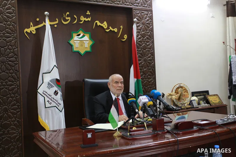 Deputy of the Legislative Council, Ahmed Bahar speaks during a press conference on the International Day of Parliamentarism, in Gaza city, on June 30, 2021. The International Day of Parliamentarism is celebrated every ye...