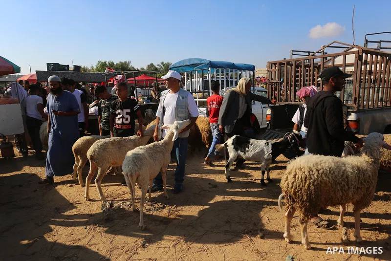 Palestinians gather at a livestock market, ahead of Eid al-Adha in Deir al-Balah, in the center of the Gaza Strip on July 06, 2021. Eid al-Adha, or the feast of sacrifice, falls at this month when Muslims will slaughter...