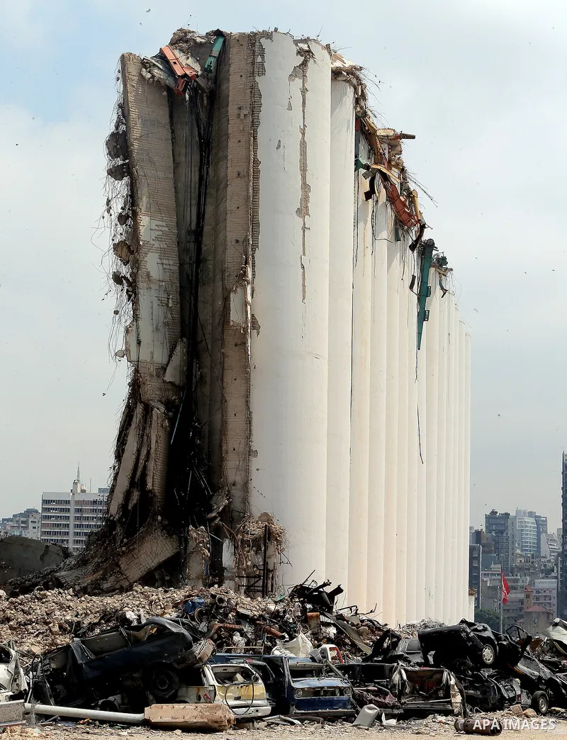 A general view shows the damaged at the port on August 4, 2021, as Lebanon marks a year since a cataclysmic explosion ravaged the capital Beirut. Photo by Haitham Moussawi
