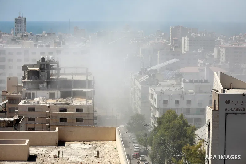 Dust rising after collapsed of a Daour building which was hit by Israeli air strikes during the recent 11-day conflict between Israel and Hamas on May early today on August 17, 2021. The Gaza Strip remains in ruins 3 mon...