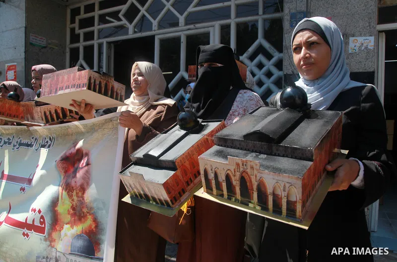 Palestinian supporters of the Islamic Jihad Movement, take part in a protest on the 52nd anniversary of the burning of the blessed Al-Aqsa Mosque, in Gaza city on August 23, 2021. Marks the 52nd anniversary of the evil a...