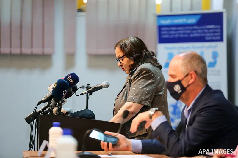 Palestinian Minister of Health Mai Kila, and Director of the WHO Office in Palestine Richard Peppercorn hold a joint press conference in the West Bank city of Ramallah on August 24, 2021. Palestine received 300,000 doses...