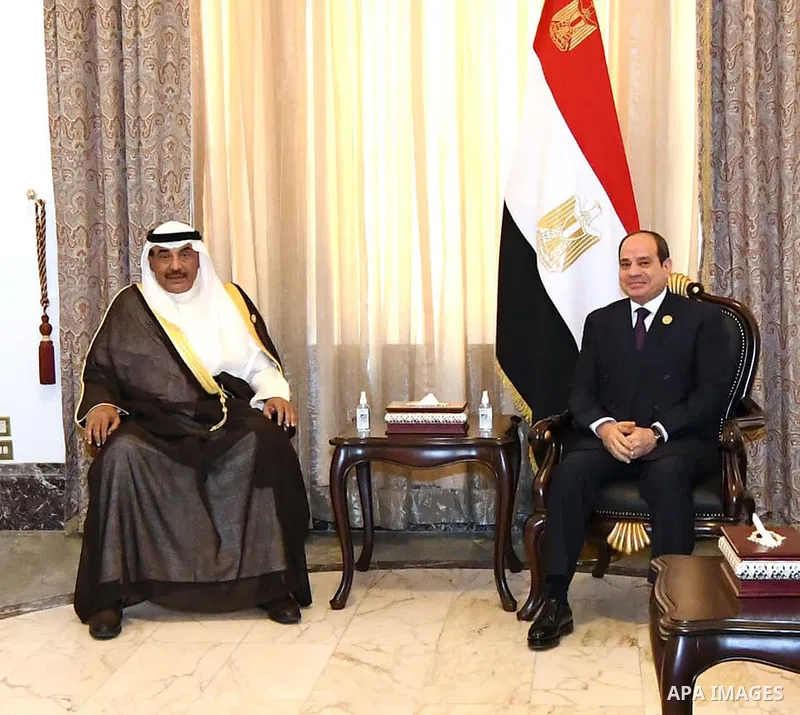 Egyptian President Abdel Fattah al-Sisi, meets with Sheikh Sabah Al-Khaled Al-Hamad Al-Sabah, Prime Minister of Kuwait in the Iraqi capital, Baghdad on August 28, 2021. Photo by Egyptian President Office