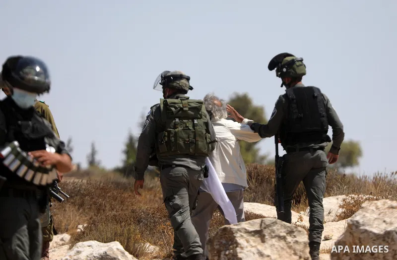 Israeli soldiers detain a Palestinian demonstrator during a protest by Palestinian land-owners against confiscation of lands by Israel near the settlement of Ma'aon, by the Palestinian village of Yatta south of Hebron in...