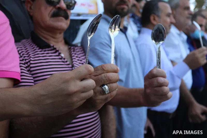 Palestinians take part in a protest to show solidarity with prisoners held in Israeli Jails, in Khan Younis in the southern of Gaza strip, on September 8, 2021. In a step seen as vengeance following the escape yesterday...