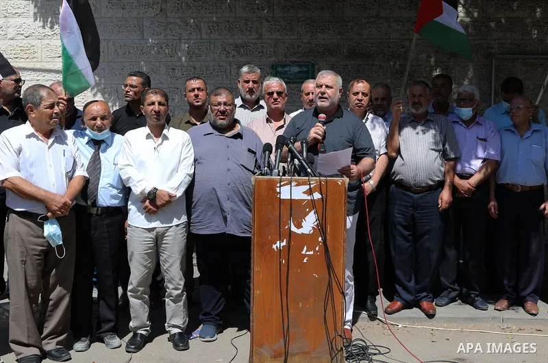 Khaled al-Batsh, a leader in Islamic Jihad, speaks during a press conference of National and Islamic forces, in front of Red Cross office, in Gaza city of September 8, 2021. Photo by Mahmoud Nasser