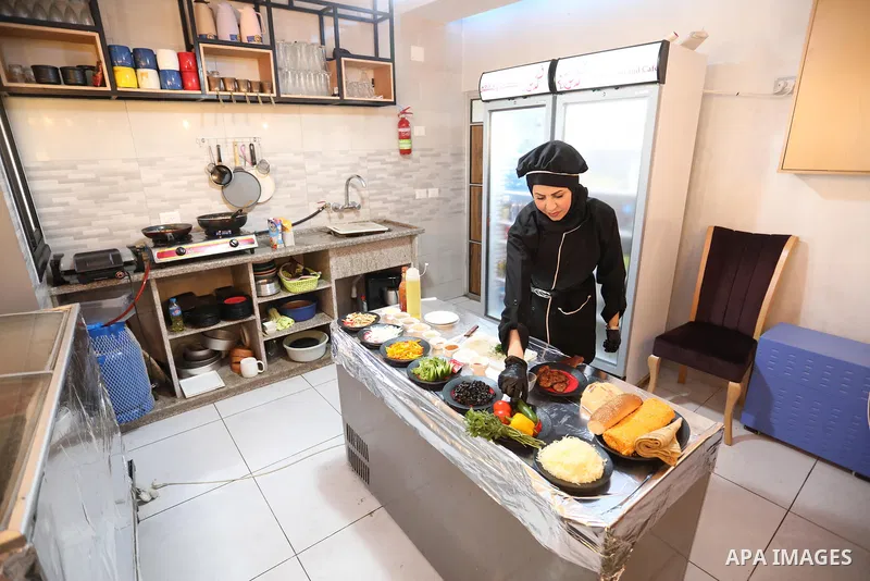 Two female Palestinian graduates, Heba Al-Hallaq, 32, and Heba Al Qudra, 22, open their own restaurant, to face unemployment in Khan Younis in the southern Gaza strip, on September 8, 2021. Gaza’s 2-million population re...
