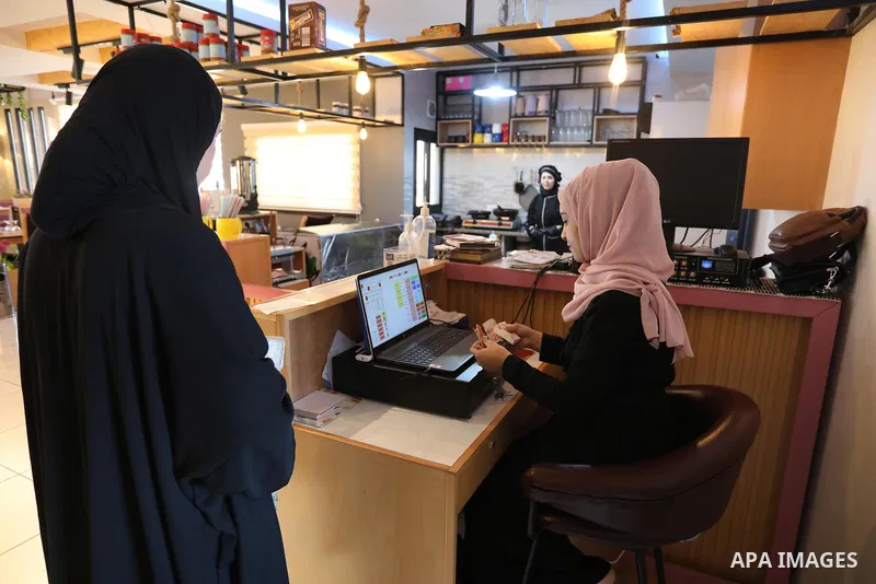 Two female Palestinian graduates, Heba Al-Hallaq, 32, and Heba Al Qudra, 22, open their own restaurant, to face unemployment in Khan Younis in the southern Gaza strip, on September 8, 2021. Gaza’s 2-million population re...