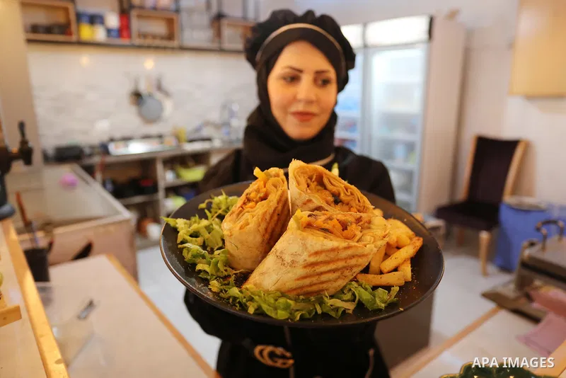 Two female Palestinian graduates, Heba Al-Hallaq, 32, and Heba Al Qudra, 22, open their own restaurant, to face unemployment in Khan Younis in the southern Gaza strip, on September 8, 2021. Gaza’s 2-million population re...