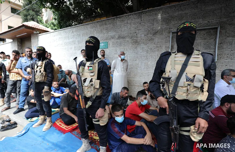 Palestinians attend Friday prayer in solidarity with prisoners in Israeli jails, in front of Red cross office, in Gaza city, on September 10, 2021. Israeli troops have arrested at least six family members in the West Ban...