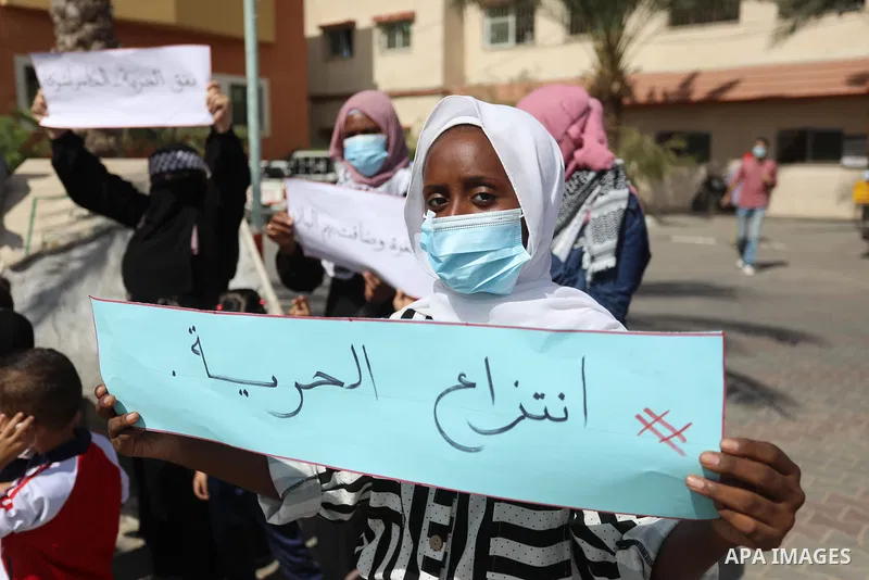 Palestinian children take part in a protest following the arrest of 4 of 6 fugitives from Gilboa jailbreak now in Israeli custody, in Deir Al-Balah in the center of Gaza strip, on 11 Sebtember 2021. Two more of the six G...
