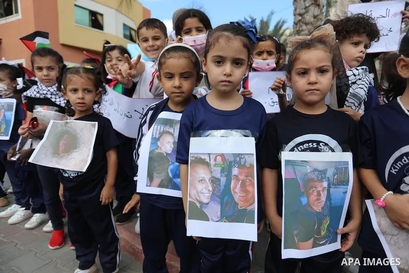 Palestinian children take part in a protest following the arrest of 4 of 6 fugitives from Gilboa jailbreak now in Israeli custody, in Deir Al-Balah in the center of Gaza strip, on 11 Sebtember 2021. Two more of the six G...