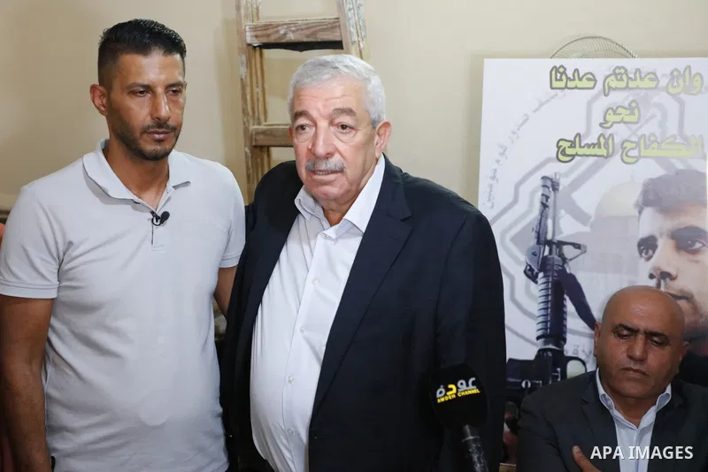 Members of the revolutionary council of the Fatah movement visit the family of the Palestinian Zakaria Zubeidi, who was arrested following his escape from Gilboa prison in the West Bank city of Jenin on September 13, 202...
