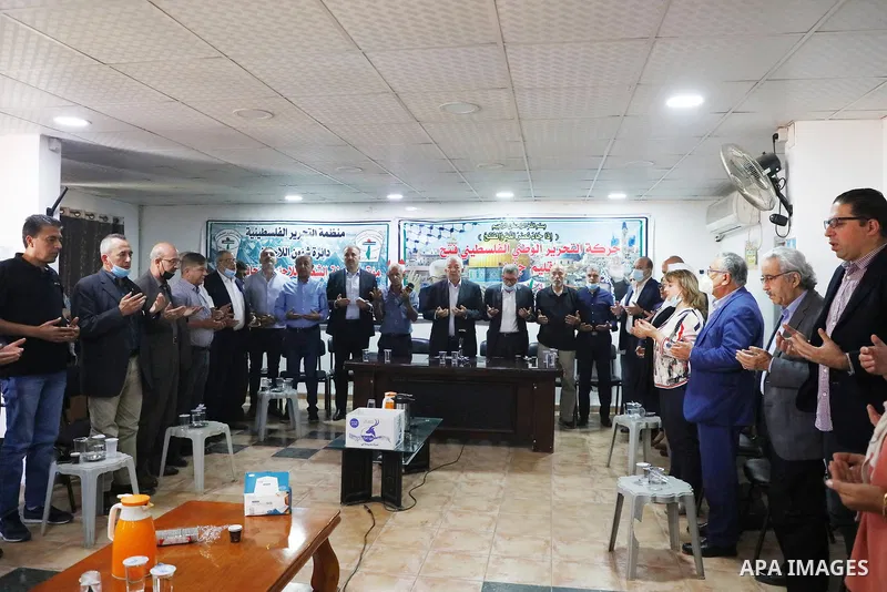 Members of the revolutionary council of the Fatah movement attend a meeting in the West Bank city of Jenin on September 13, 2021.The four Palestinian prisoners who were rearrested after breaking out of an Israeli prison...