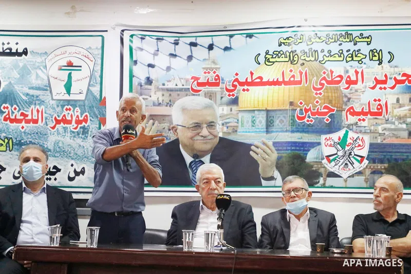 Members of the revolutionary council of the Fatah movement attend a meeting in the West Bank city of Jenin on September 13, 2021.The four Palestinian prisoners who were rearrested after breaking out of an Israeli prison...