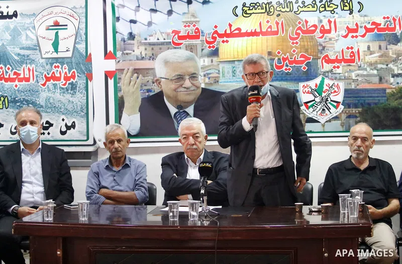 Members of the revolutionary council of the Fatah movement attend a meeting in the West Bank city of Jenin on September 13, 2021.The four Palestinian prisoners who were rearrested after breaking out of an Israeli prison...