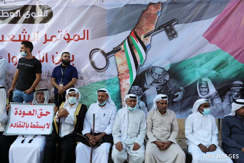 Palestinians take part in a protest against the United States and UNRWA signing a Framework for Cooperation, in Gaza city on September 14, 2021. The Framework for Cooperation states, “The US will not make any contributio...