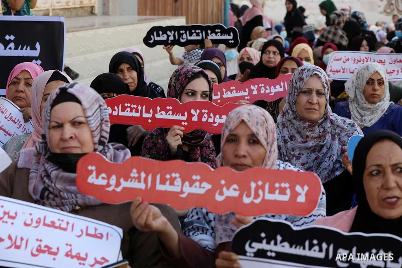 Palestinians take part in a protest against the United States and UNRWA signing a Framework for Cooperation, in Gaza city on September 14, 2021. The Framework for Cooperation states, “The US will not make any contributio...