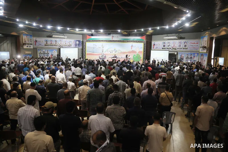 Palestinians attend a celebration marking the 34th anniversary of the founding of the Islamic Jihad movement, in Gaza city on October 6, 2021. Photo by Ashraf Amra