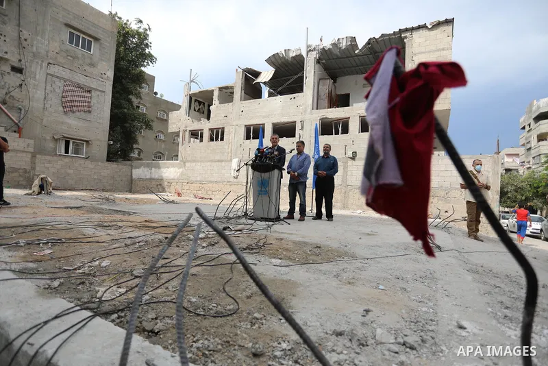 The Commissioner-General of UNRWA, Philippe Lazzarini, speaks during a press confernce, in front of the Salmiya family house which was hit by Israeli strikes during the recent 11-day conflict between Israel and Hamas on...