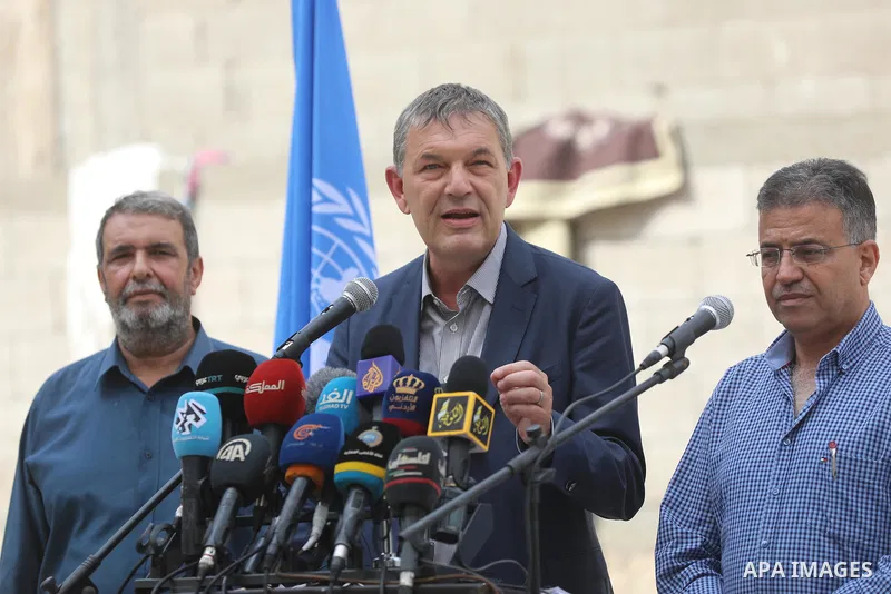 The Commissioner-General of UNRWA, Philippe Lazzarini, speaks during a press confernce, in front of the Salmiya family house which was hit by Israeli strikes during the recent 11-day conflict between Israel and Hamas on...