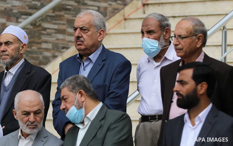 Palestinian Members of Legislative Council, attend a press conference marking the 10th anniversary of prisoners swap deal between Hamas and Israel, in Gaza city on October 20, 2021. October will mark a decade since the l...