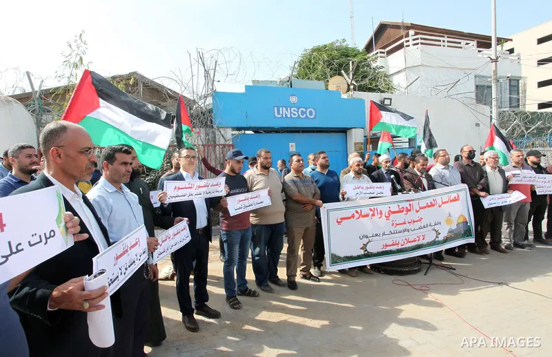 Palestinians take part in a protest against the 104th anniversary of Britain's Balfour Declaration, in front of the UNESCO headquarters, in Gaza city on November 1, 2021. The 1917 Balfour Declaration is a formal statemen...