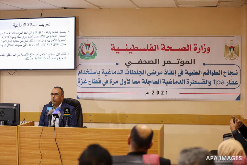 Mohamed Habib, a consultant cardiologist and catheter, speaks during a press conference about Gaza stroke program (GSP): Step 1, Diaganosis and treatment of acute ischemic stripe in hyper acute phase (first 6 hours), in...