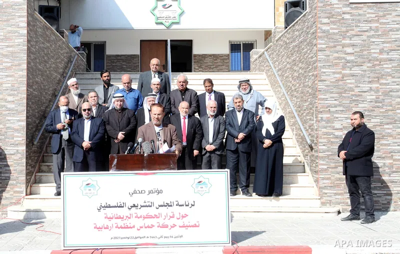 Members of the Legislative Council attend a press conference on the British Home Secretary Priti Patel decision to ban Hamas in Gaza City, 22 November 2021. Hamas has condemned a move by Britain towards banning the group...