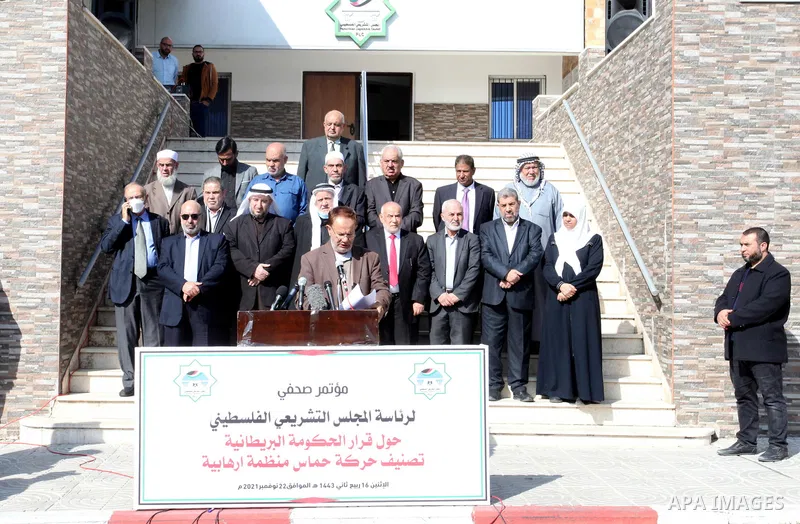 Members of the Legislative Council attend a press conference on the British Home Secretary Priti Patel decision to ban Hamas in Gaza City, 22 November 2021. Hamas has condemned a move by Britain towards banning the group...