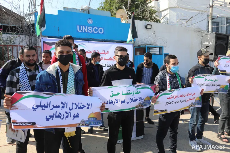 Palestinian students take part in a protest against the British Home Secretary Priti Patel decision to ban Hamas in front of the UNESCO headquarters, in Gaza city on November 22, 2021. Hamas has condemned a move by Brita...
