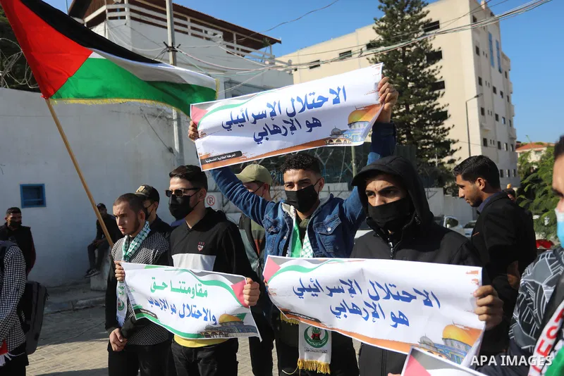 Palestinian students take part in a protest against the British Home Secretary Priti Patel decision to ban Hamas in front of the UNESCO headquarters, in Gaza city on November 22, 2021. Hamas has condemned a move by Brita...