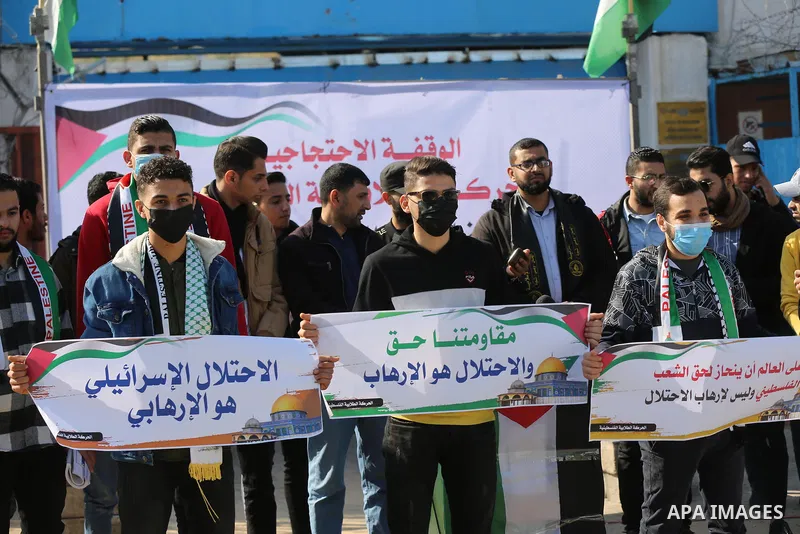 Palestinian students take part in a protest against the British Home Secretary Priti Patel decision to ban Hamas in front of the UNESCO headquarters, in Gaza city on November 22, 2021. Hamas has condemned a move by Brita...